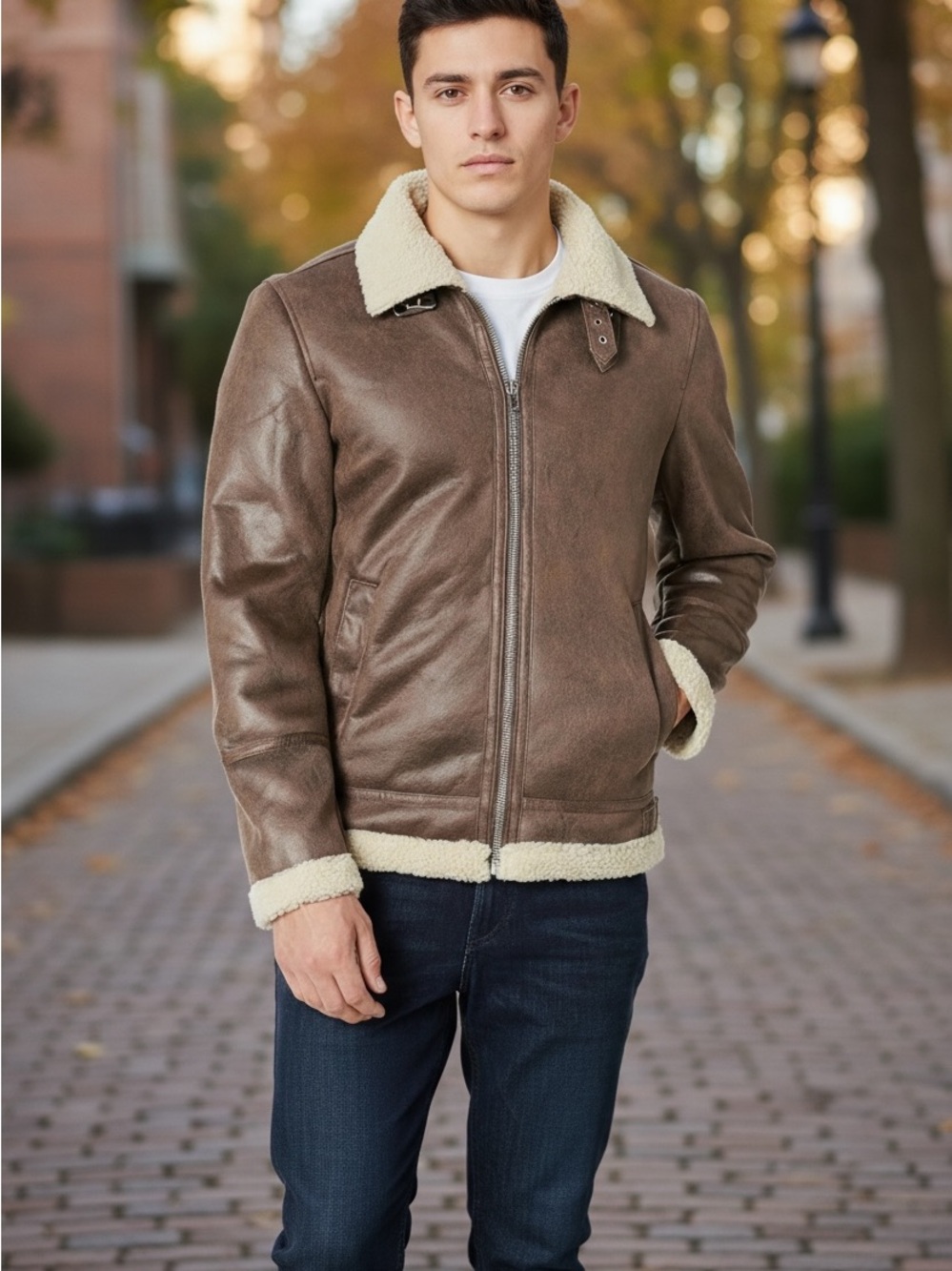 Slate & Stone Brown Bomber Jacket with Cream Shearling Collar